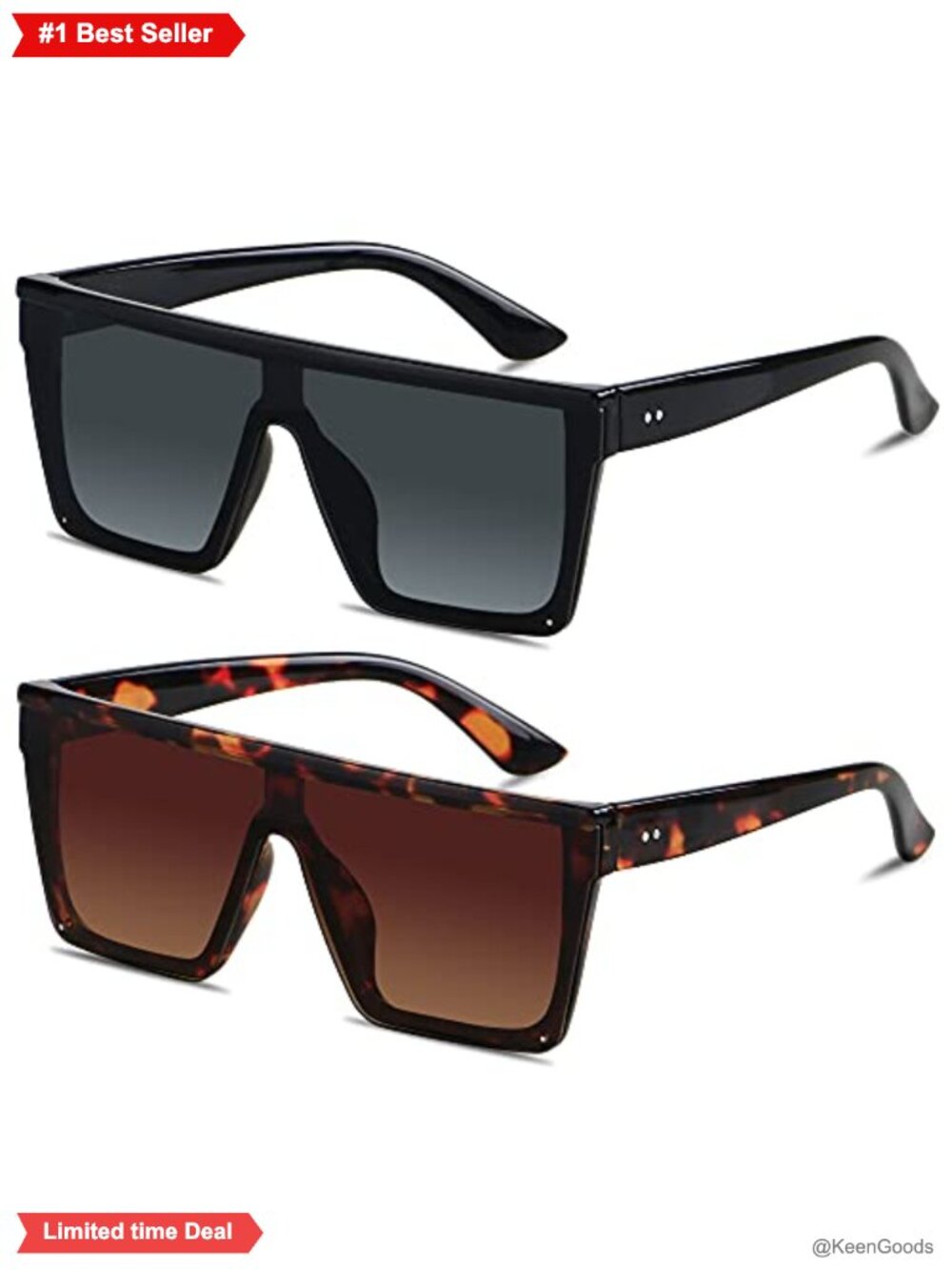 Oversized Square Flat Top Sunglasses UV400 Shield Rimless Plastic